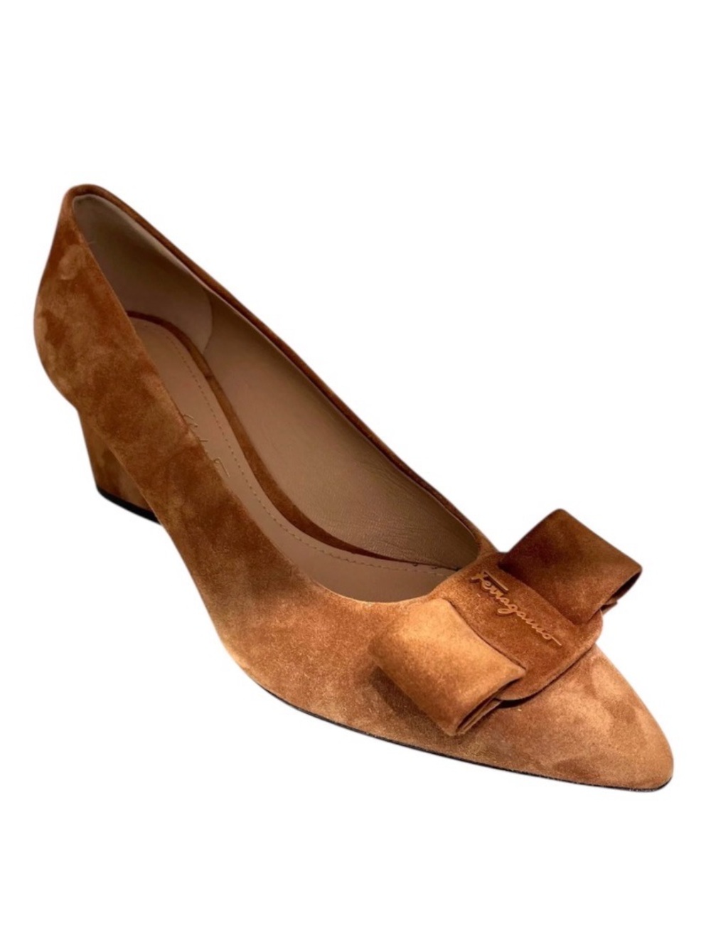 Salvatore Ferragamo viva Brown Suede Bow Pointed-Toe Flats